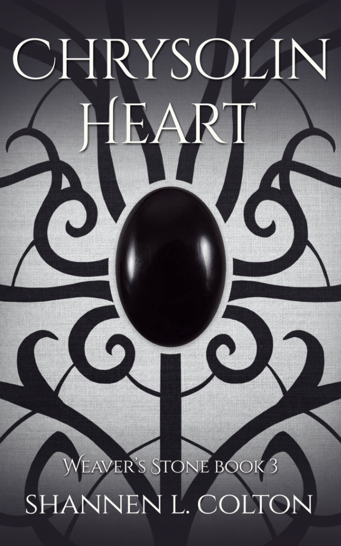 Cover art for Chrysolin Heart. A black gemstone at the center, with swirls of black on white fabric surrounding it.